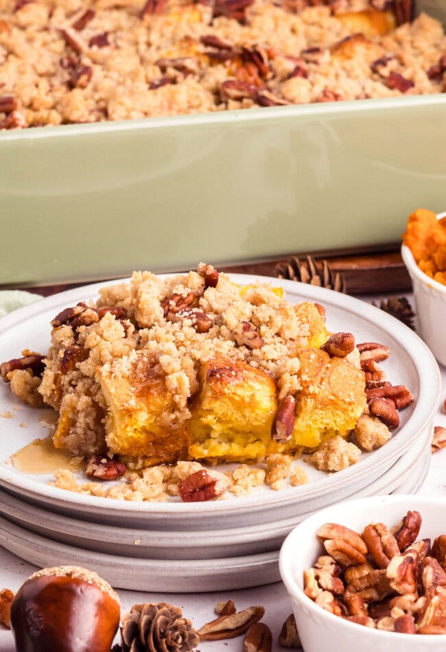 serving of pumpkin french toast casserole with streusel topping