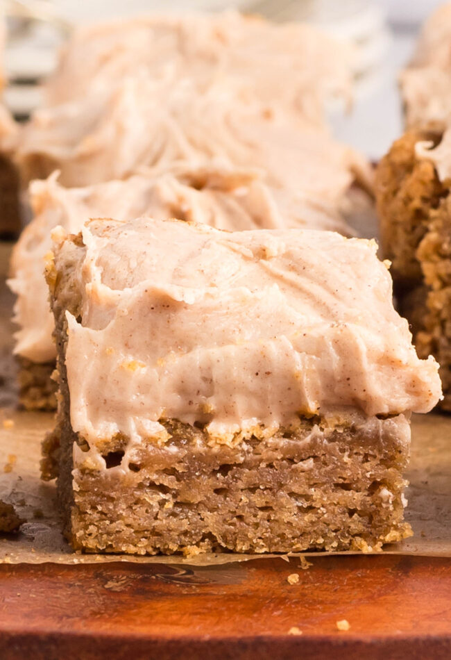 close up of a snickerdoodle bar with frosting