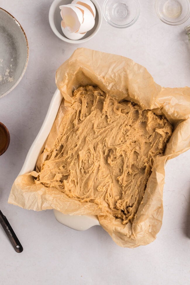 snickerdoodle dough in a baking dish