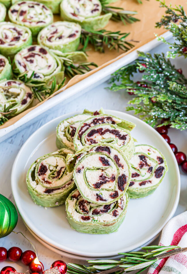 sliced cranberry feta pinwheels on a plate