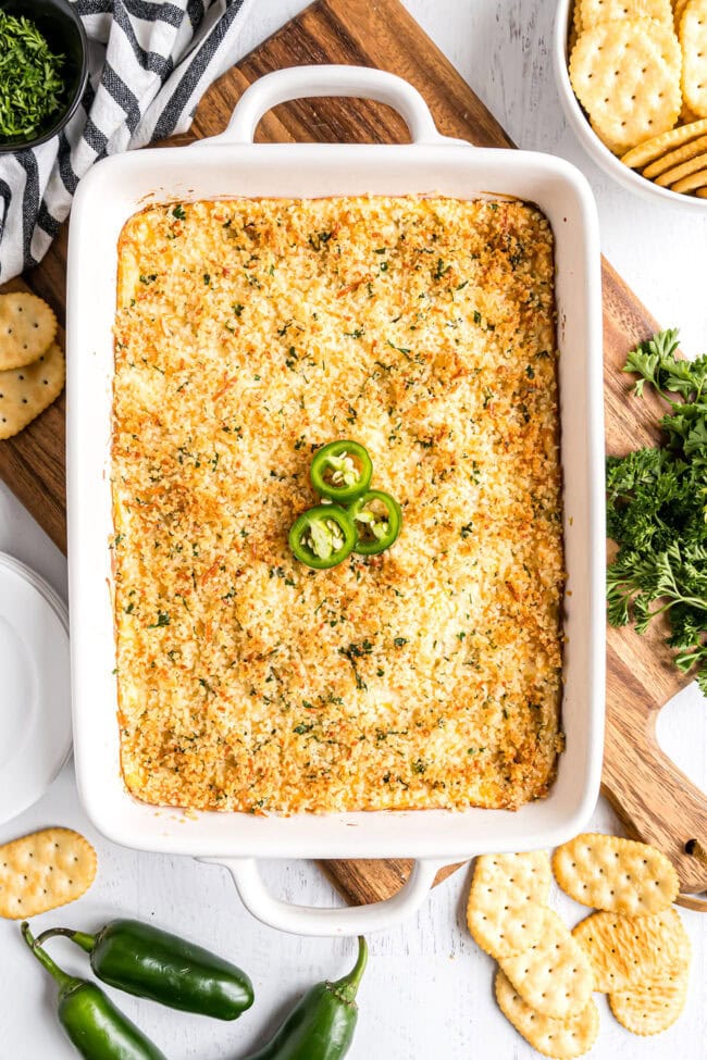  cheese dip with jalapeños in a white baking dish