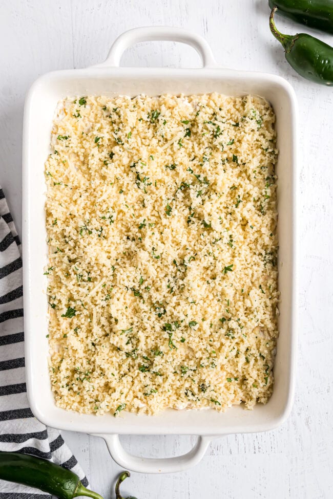 Jalapeño cheese Dip with breadcrumbs in baking dish