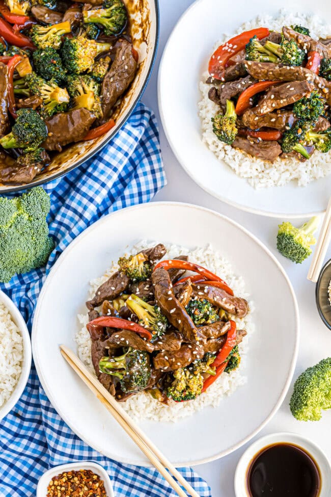 dished up Beef and Broccoli on white plates