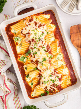 baking dish with cheese manicotti