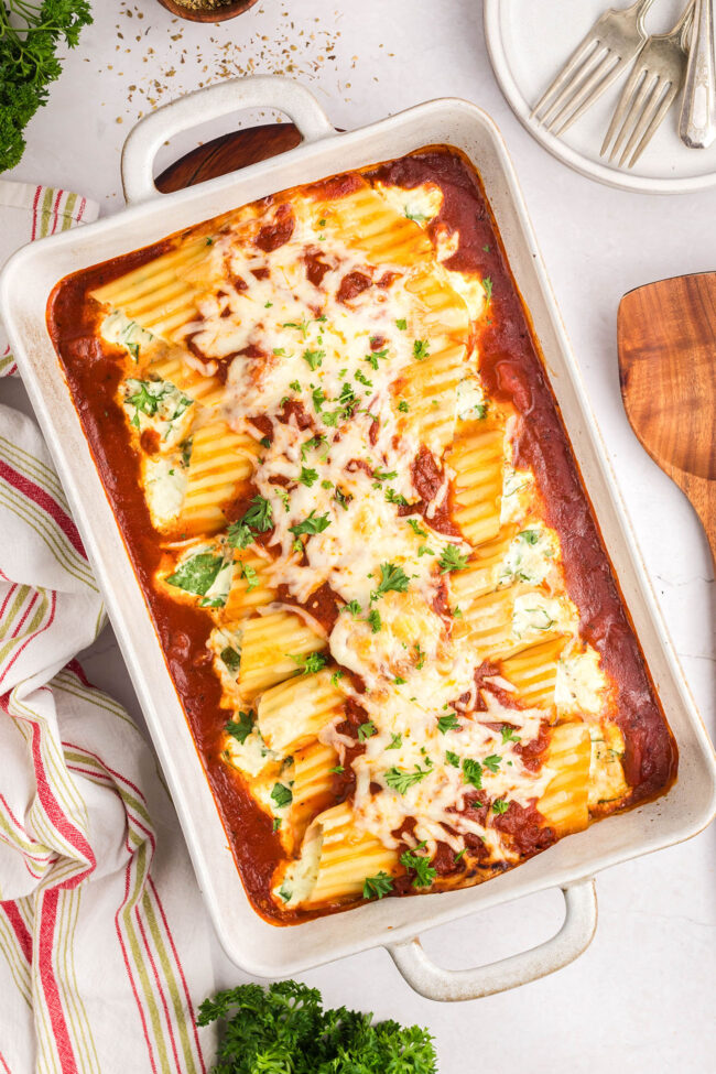 baking dish with cheese manicotti