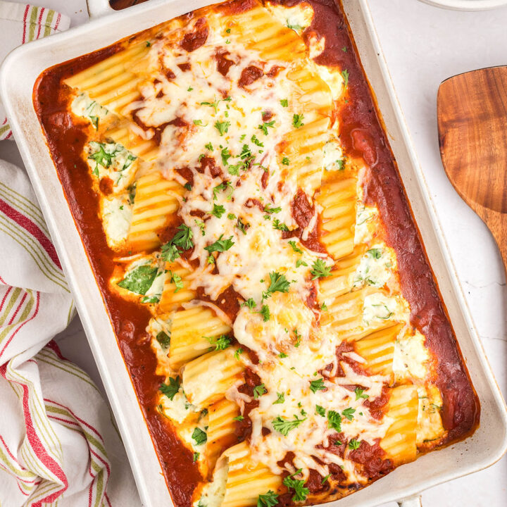 baking dish with cheese manicotti