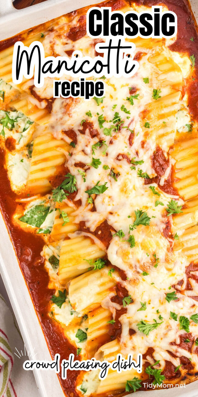 baked manicotti in a white baking dish