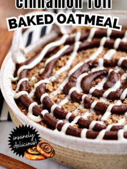 cinnamon roll round baked oatmeal in a baking dish