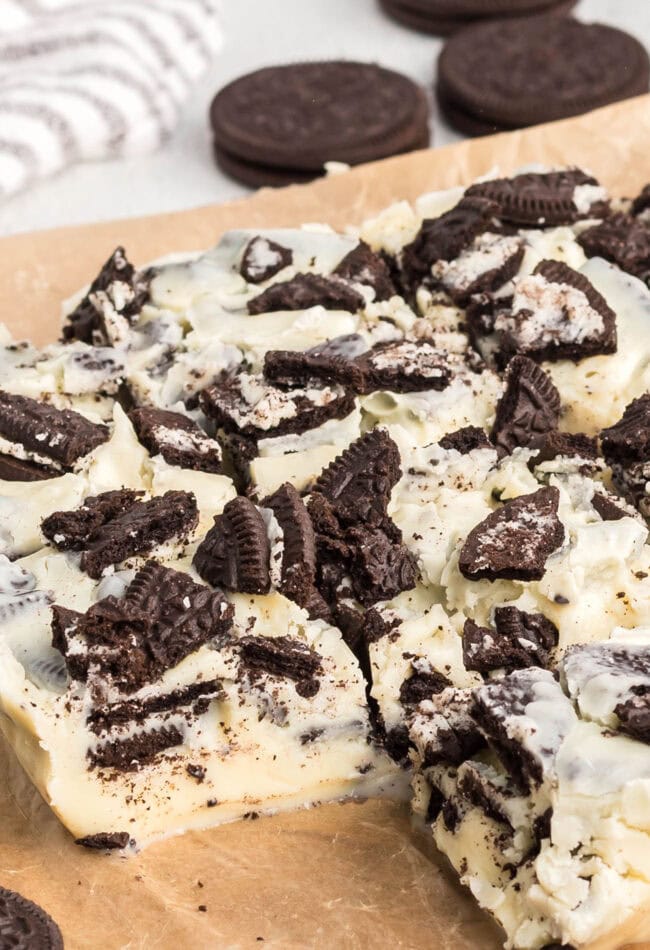 Oreo fudge cut into servings