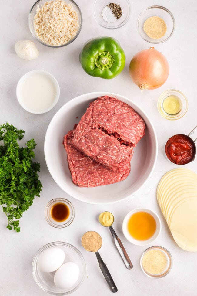 Philly Cheesesteak meatloaf ingredients on the counter