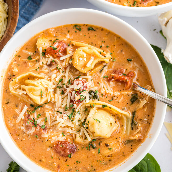 bowl of creamy soup with tortellini and chiken