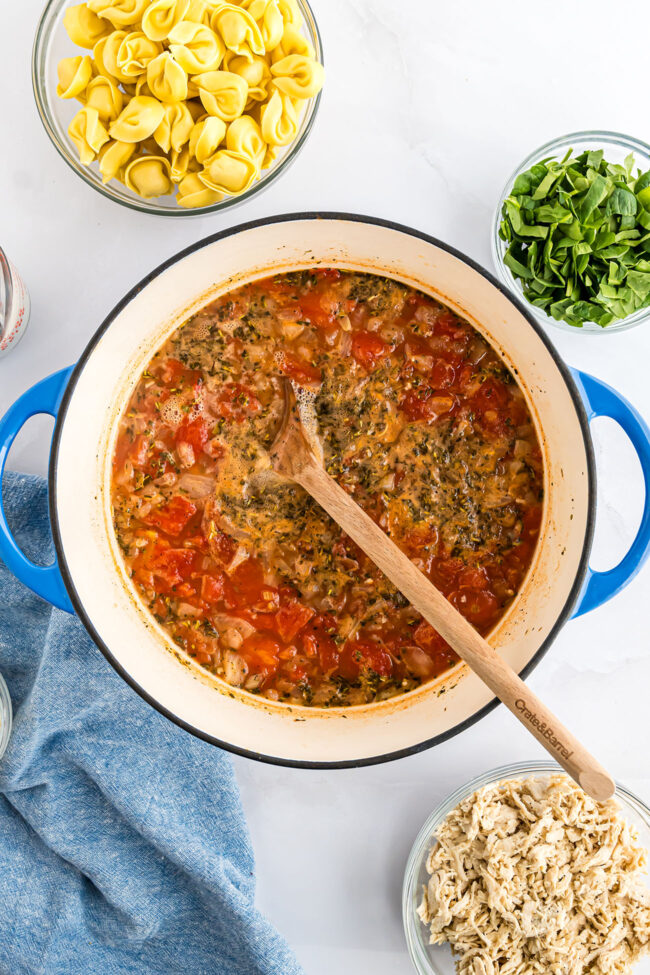 making soup with a red tomato sauce