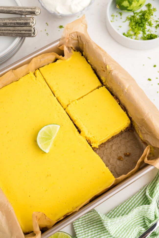 key lime bars in a square baking pan