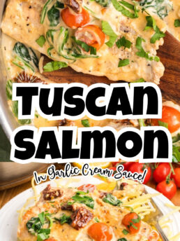 tuscan salmon in a skillet and on a plate with pasta