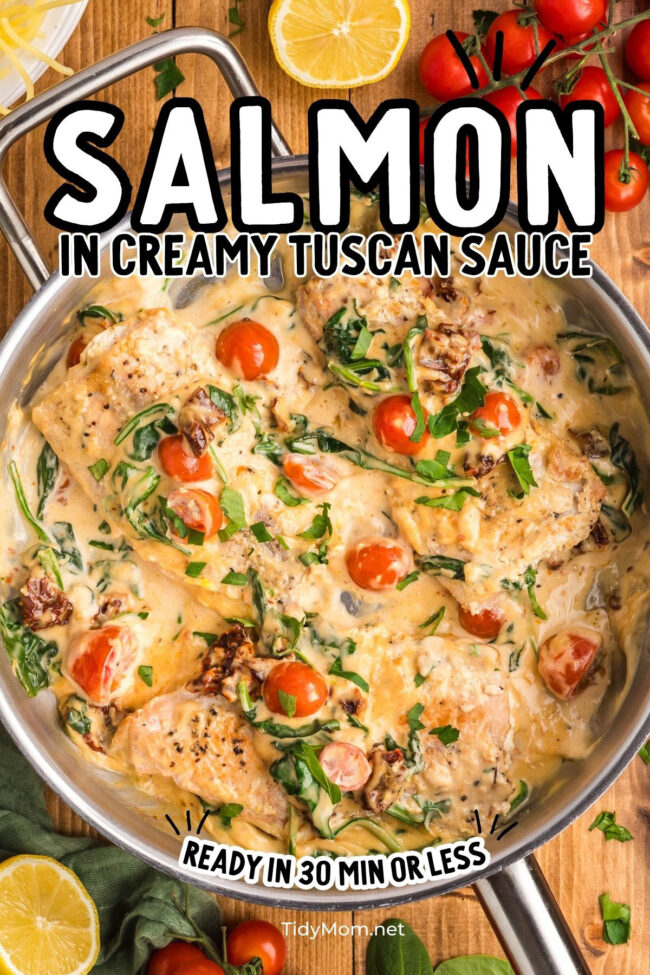 skillet with creamy tuscan sauce over pan seared salmon