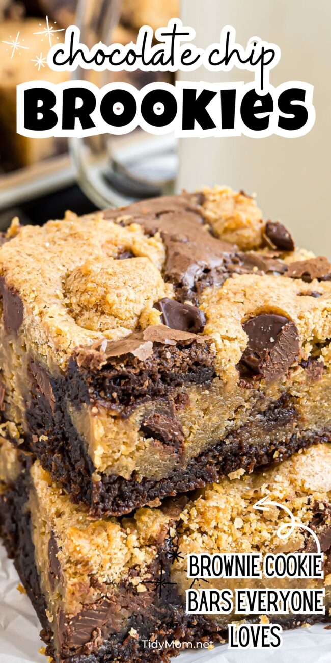chocolate chip brookie bars stacked.