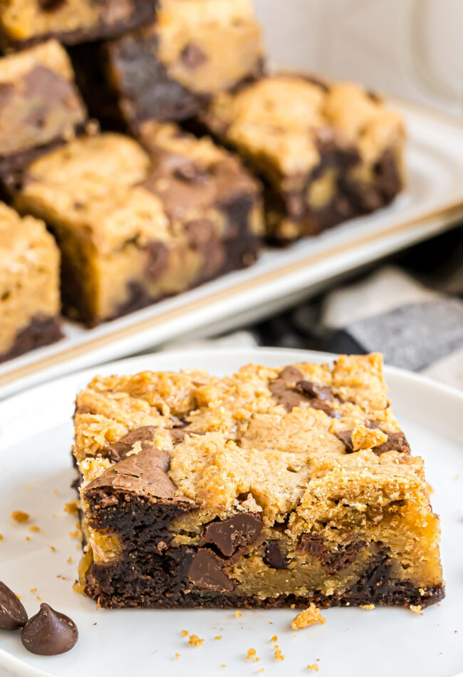 brownie cookie bar on a white plate