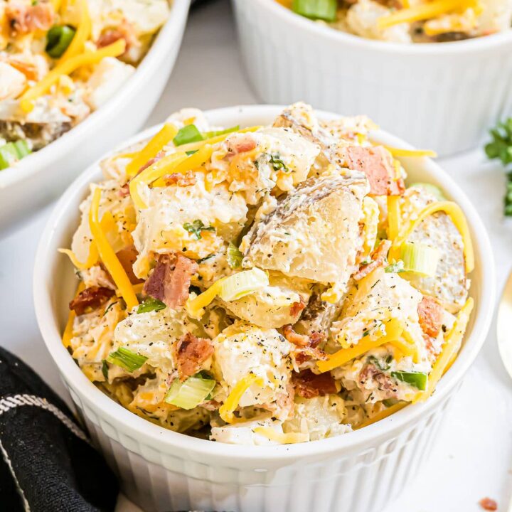 baked potato salad in ramekins