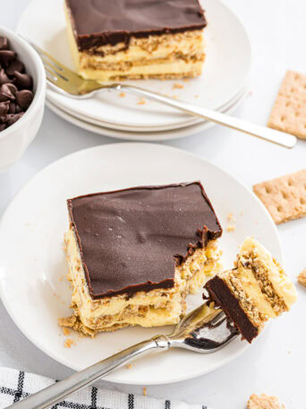 no bake eclair cake on a plate with a fork