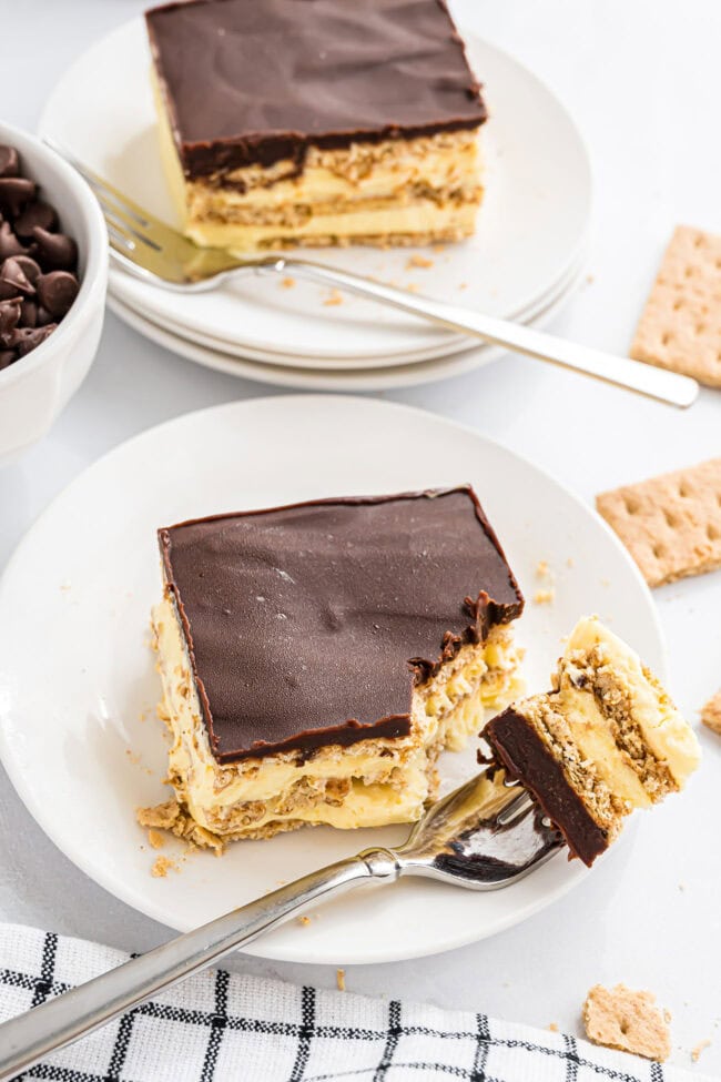 no bake eclair cake on a plate with a fork