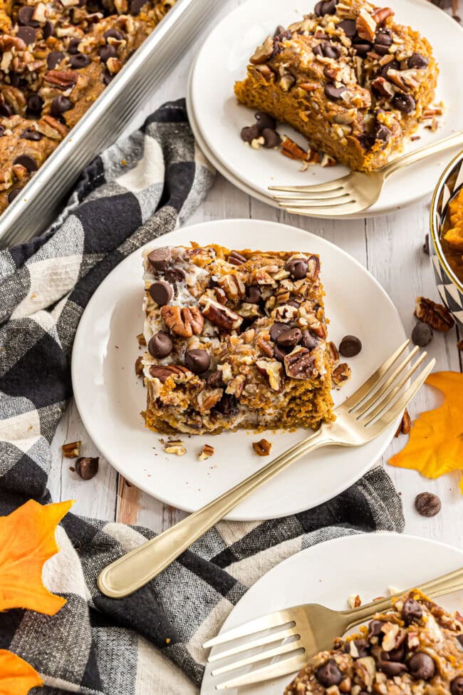 Pumpkin Earthquake Cake on small plates with a fork