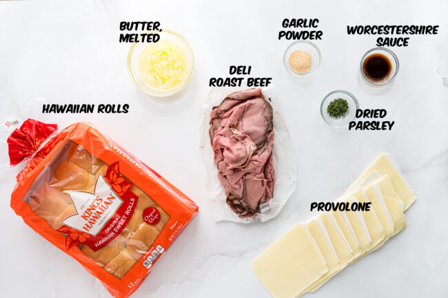 Roast Beef Sliders ingredients on a counter