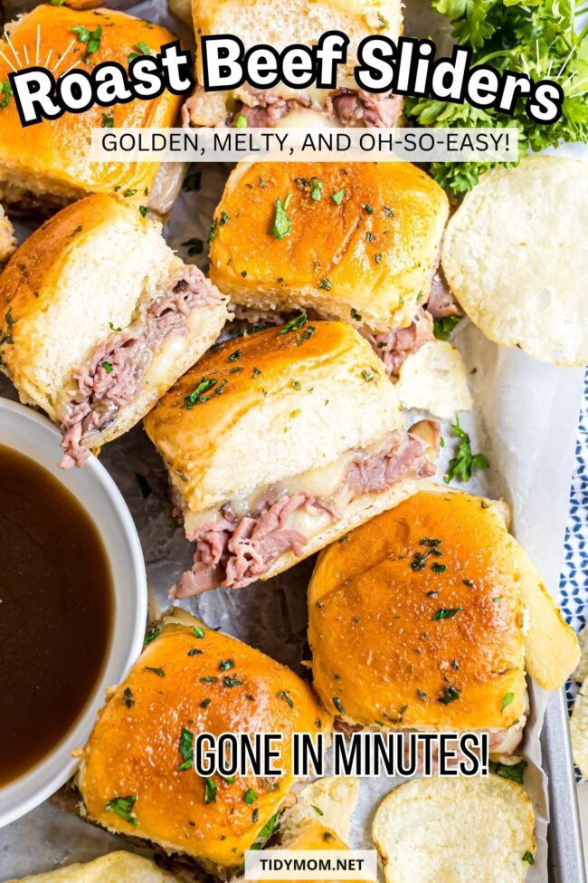 Stack of buttery Roast Beef Sliders ready to serve