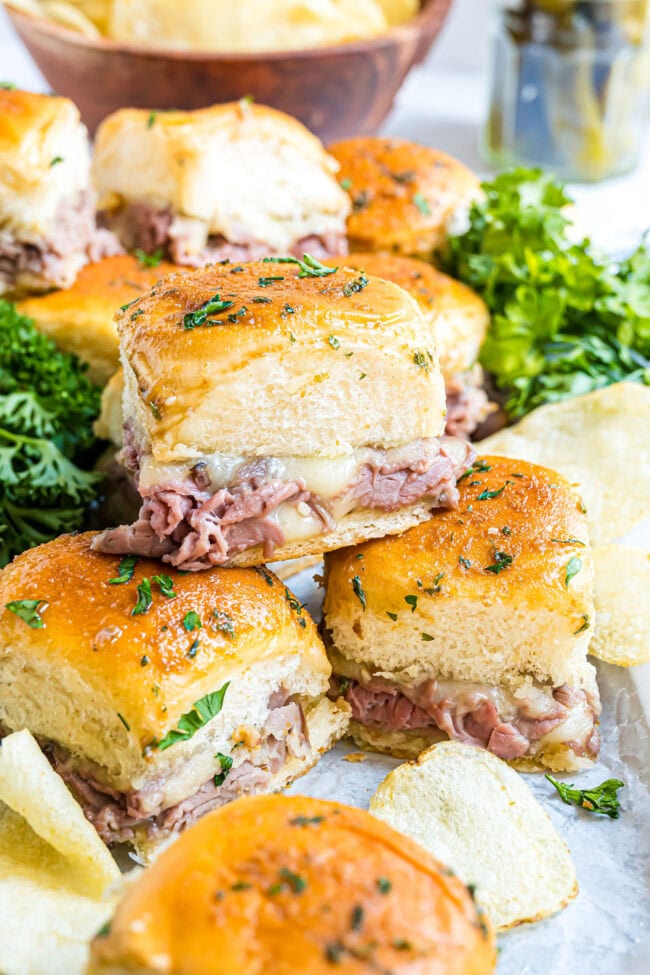 Stack of buttery Roast Beef Sliders ready to serve
