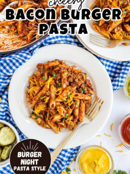 Close-up of cheesy bacon cheeseburger pasta in a skillet, a hearty one-pan comfort food dinner.