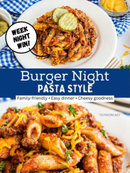 Cheesy pasta skillet loaded with bacon and beef, topped with fresh condiments for a fun burger-inspired dinner.