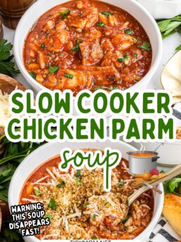 2 white bowls of slow cooker chicken parm soup one with toppings
