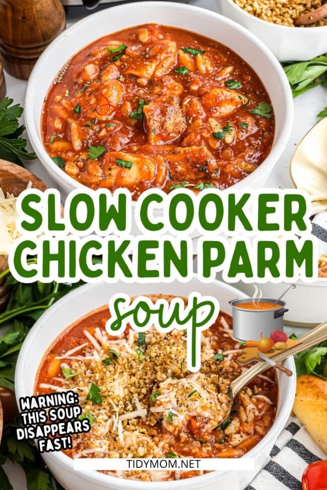 2 white bowls of slow cooker chicken parm soup one with toppings