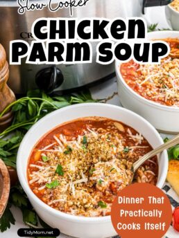 Bowl of Slow Cooker Chicken Parmesan Soup topped with toasted breadcrumbs and Parmesan cheese.