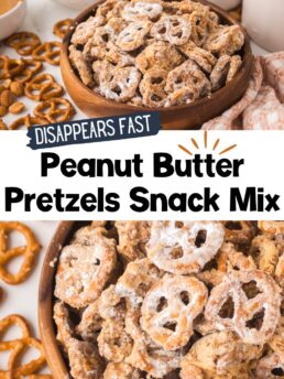 Photo collage showing crunchy pretzels coated in peanut butter, white chocolate, and powdered sugar snack mix.