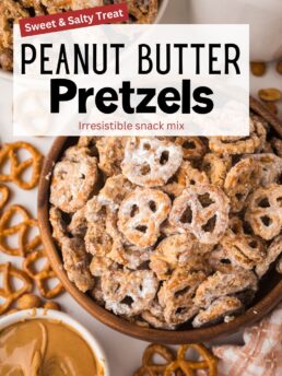 Close-up photo showing crunchy pretzels coated in peanut butter, white chocolate, and powdered sugar snack mix.