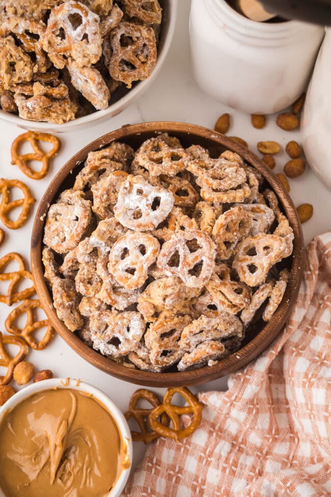 Peanut Butter Pretzel Snack Mix ready to serve in a wooden bowl