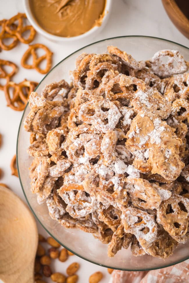 bowl of peanut butter pretzel snack mix ready to be served