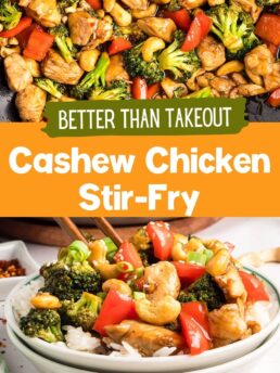 Cashew Chicken Stir Fry — close-up of glossy stir fry with chicken, broccoli, and red peppers in a wok, paired with a serving in a white bowl with chopsticks.