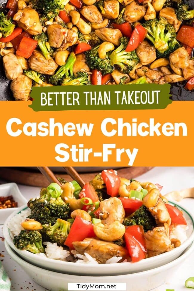 Cashew Chicken Stir Fry — close-up of glossy stir fry with chicken, broccoli, and red peppers in a wok, paired with a serving in a white bowl with chopsticks.