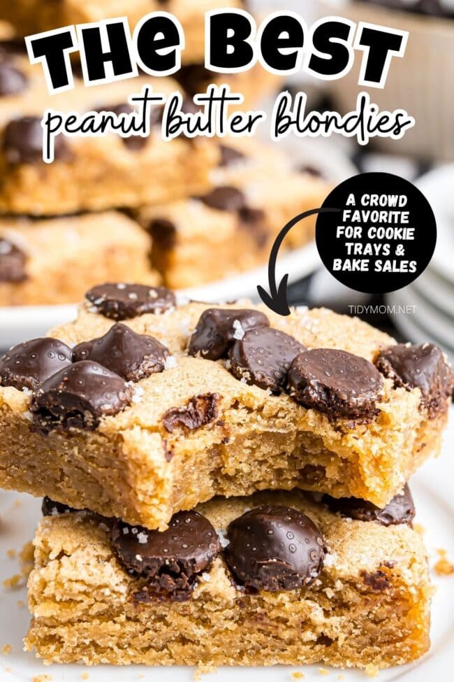Stack of peanut butter blondies with a bite taken out of the top bar, showing their soft, chewy texture.