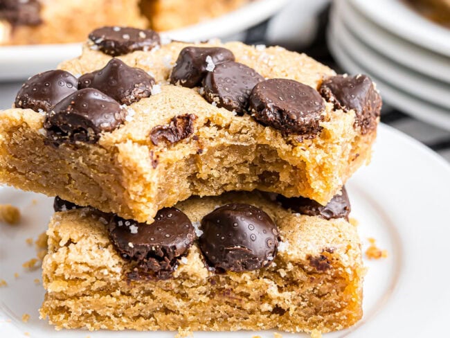 Horizontal shot of two stacked peanut butter blondies with a bite taken out of the top bar.