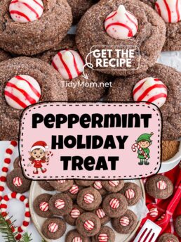 Soft chocolate peppermint cookies topped with candy cane Kisses, shown as a festive peppermint holiday treat.