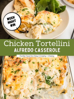 Chicken Tortellini Casserole collage showing a plated serving of creamy chicken tortellini with bread on the side.