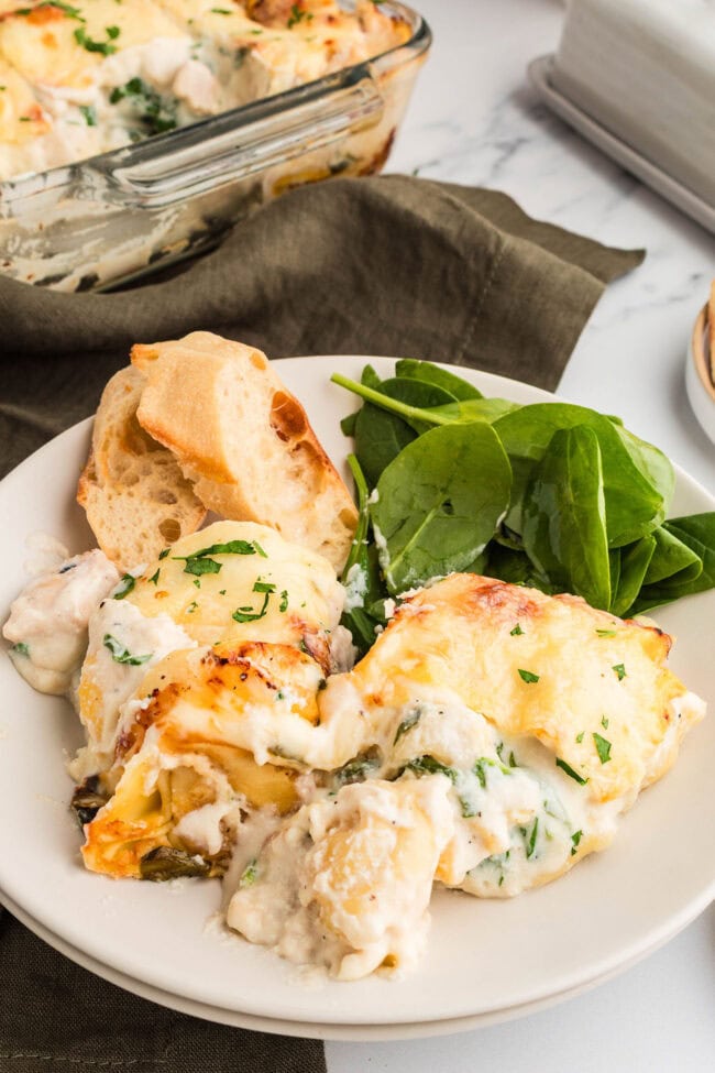 Chicken Tortellini Casserole served on a plate with creamy tortellini, chicken, and melted cheese.