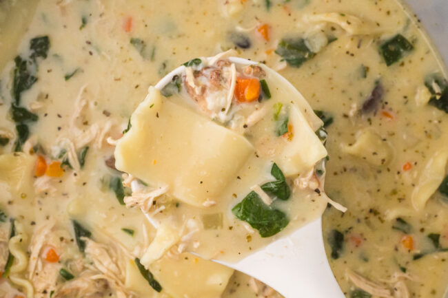horizontal image of large soup pot and ladle full of white lasagna soup including rotisserie chicken, vegetables, broth, coconut milk, pasta, and cheese.