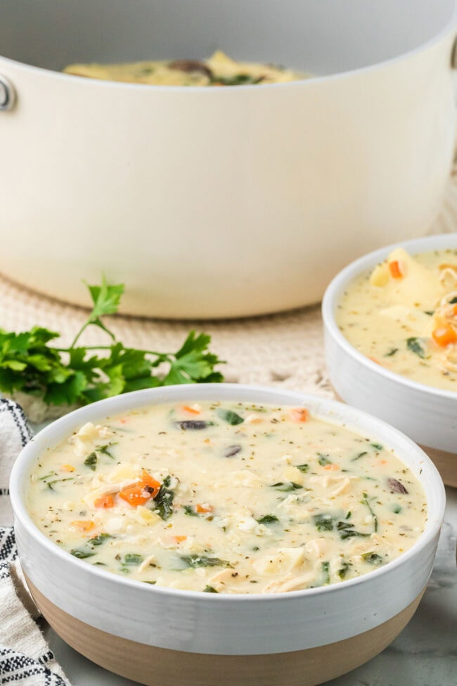 hot pot of large soup pot full of white lasagna soup including rotisserie chicken, vegetables, broth, coconut milk, pasta, and cheese.