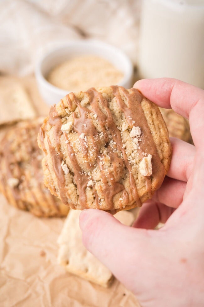 hand holding a bakery-style brown sugar cinnamon cookie