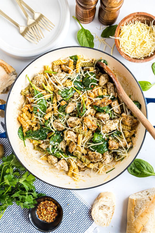 One pan creamy garlic chicken pasta plated