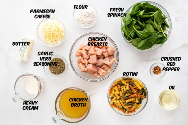 One-pan creamy garlic chicken pasta ingredients