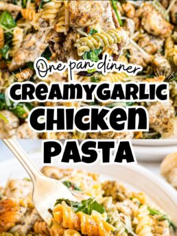 one-pan creamy garlic chicken pasta with juicy chicken, rotini, spinach, and parmesan served as an easy weeknight dinner